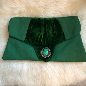 Chic Handmade Green Velvet & wool Clutch with vintage brooch
